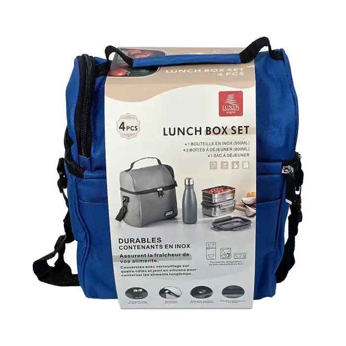 Lunch box isotherme empilable 4 pièces en acier inoxydable couleur bleu Luxus LBT4B avec poignée - Maroc
