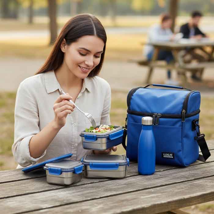 Lunch box isotherme empilable 4 pièces en acier inoxydable couleur bleu Luxus LBT4B avec poignée - Maroc