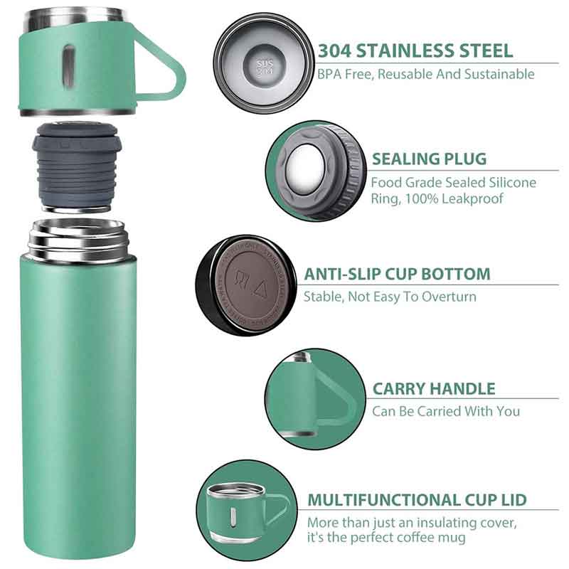 Bouteille thermos isotherme verte Luxus TL500V de 500 ml avec ses trois tasses de partage alignées - Maroc