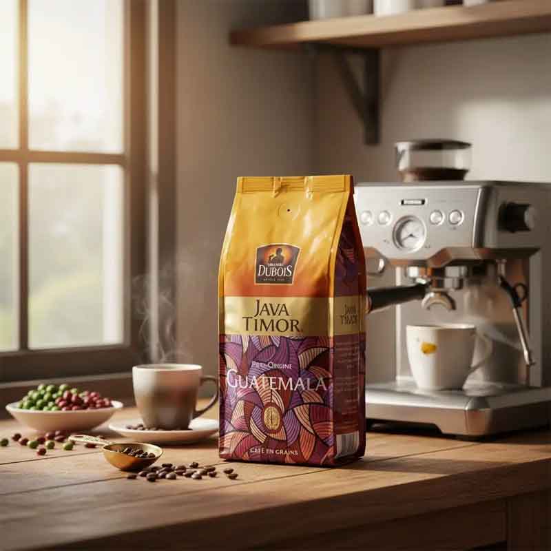 Sachet de café en grains Les Cafés Dubois Java Timor pure origine Guatemala 250g avec valve de fraîcheur - Bazarcom Maroc