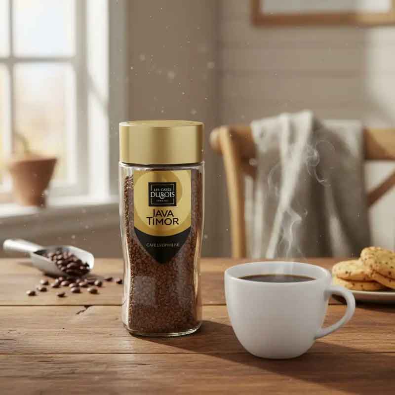 Bocal en verre de café soluble lyophilisé Les Cafés Dubois Java Timor 90g - Bazarcom Maroc