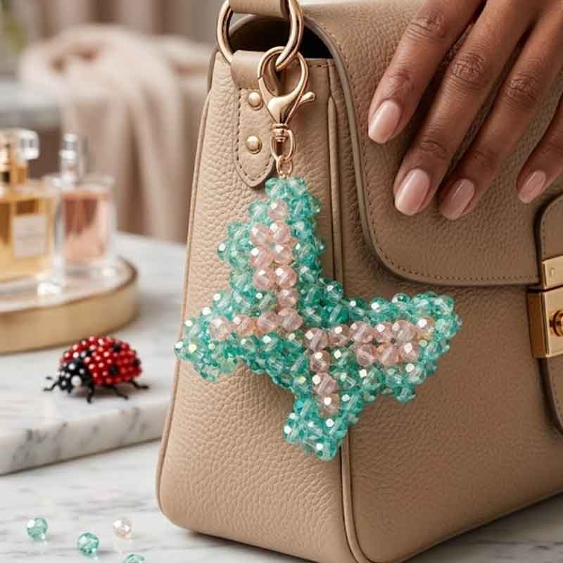 Porte-clés DORÉA Crystal Butterfly Mint Blush fait main en perles acryliques effet cristal vert menthe et rose poudré avec mousqueton doré en acier inoxydable.