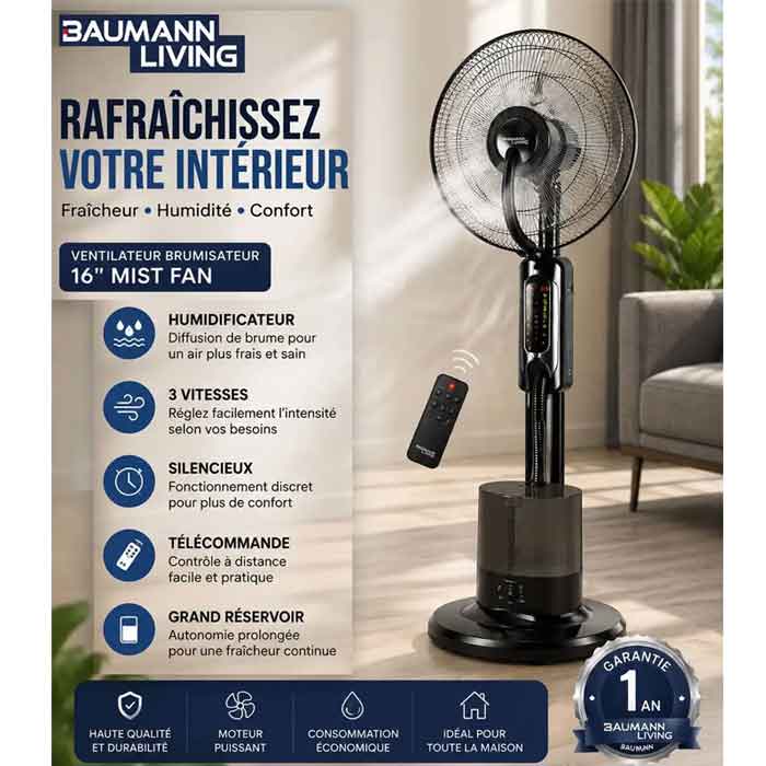Ventilateur brumisateur sur pied Baumann Living 16" avec télécommande – 3 vitesses