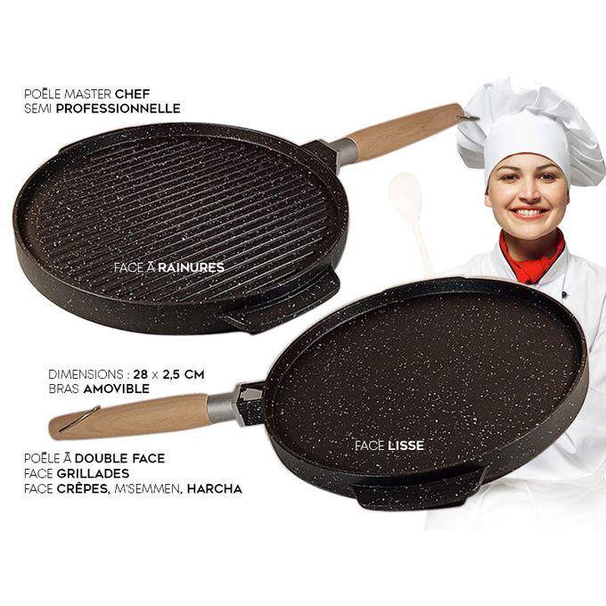 Pandiani Poêle 2Faces en Fonte Multi-usage, Revêtement Marbre Robuste