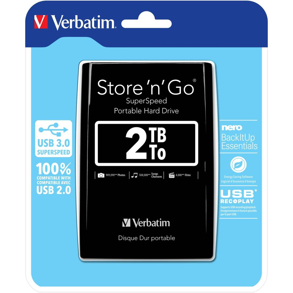Disque dur externe 2To Verbatim Store 'n' Go 5400 RPM, USB 3.0