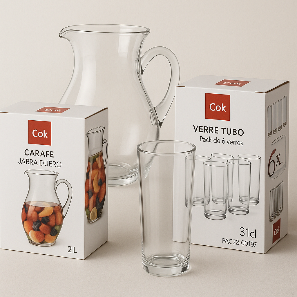 Pack carafe en verre 2 Litres + 6 verres TUBO 31 cl
