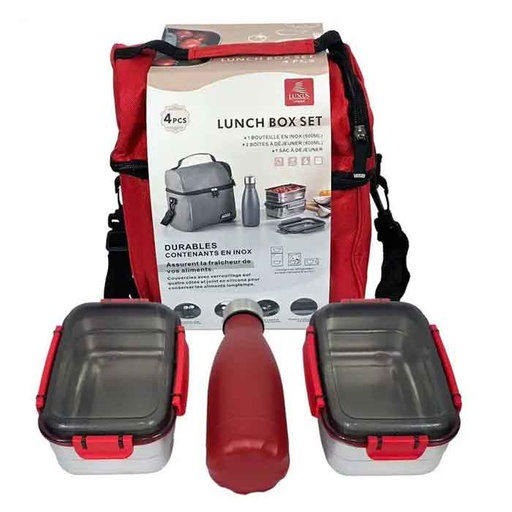 [LBT4R] Lunch Box Isotherme Luxus LBT4R en Inox Rouge (Ensemble de 4 Pièces)